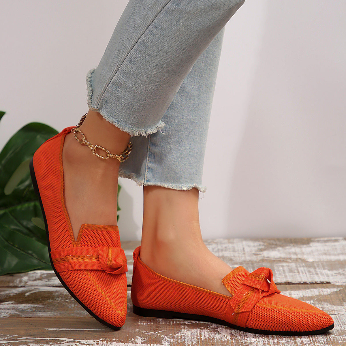 Fiorelle Women's Plus Size Knit Flat Loafers - Slip-On Bowknot Shallow Cut Lazy Work Shoes