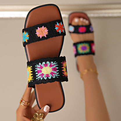Fiorelle Women’s SunBloom Knit Flat Slides – Square-Toe Boho Embroidered Sandals (US 5–10)