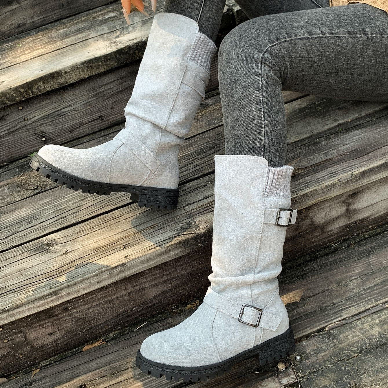 Fiorelle Women’s RanchWrap Buckle Mid-Calf Suede Boots – Knit Cuff Western-Style Slouchy Shoes (US 5–10.5)