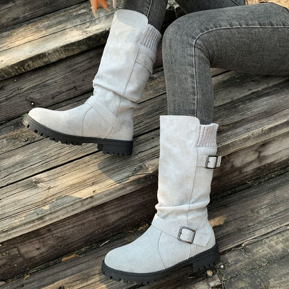 Fiorelle Women’s RanchWrap Buckle Mid-Calf Suede Boots – Knit Cuff Western-Style Slouchy Shoes (US 5–10.5)