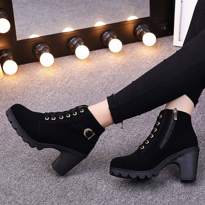 Fiorelle Women's Buckle Decorated Chunky Heel Ankle Boots - Side Zipper & Lace-Up Round Toe Mid-Calf Equestrian Boots (US 4-10)