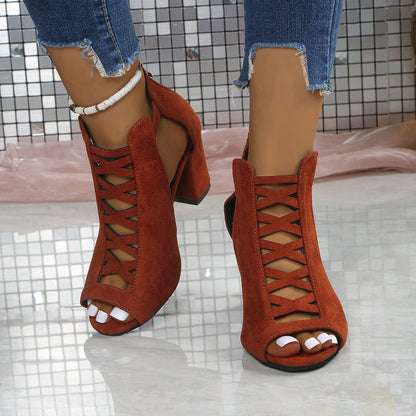 Fiorelle Women's Odette Suede Peep-Toe Cutout Bootie Sandals – Buckle Strap Chunky Heel Sophisticated Boot Sandals (US 3.5–11.5)