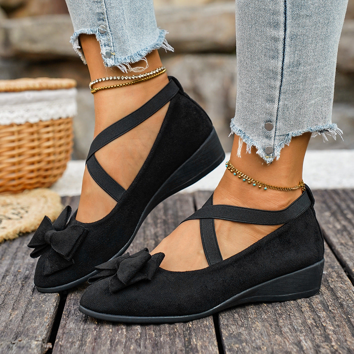 Fiorelle Women’s Elara Bow Suede Wedge Loafers – Elastic Cross-Strap Comfort Slip-Ons (US 5–10.5)