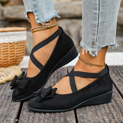 Fiorelle Women’s Elara Bow Suede Wedge Loafers – Elastic Cross-Strap Comfort Slip-Ons (US 5–10.5)