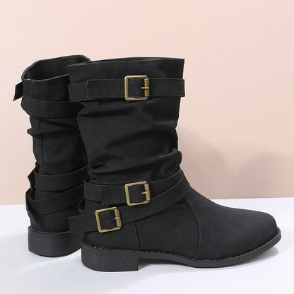 Fiorelle Women's Matte PU Buckle-Detailed Slouch Boots - Crushed Texture Stacked Mid-Calf Flat Boots (US 5-10.5)