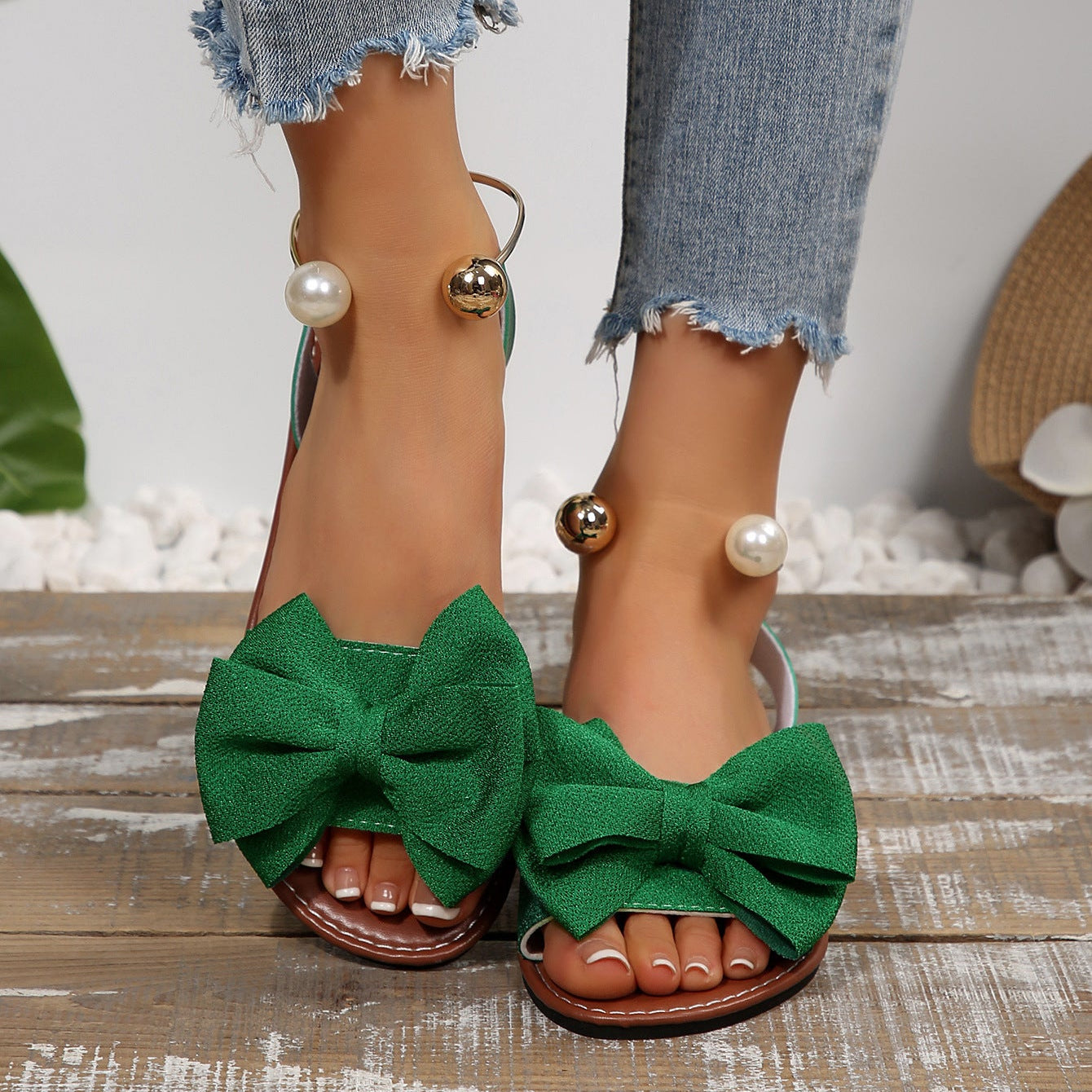 Fiorelle Women’s Serelle Pearl Bow Flat Slides – Minimalist Ankle Strap Casual Sandals (US 5–10.5)