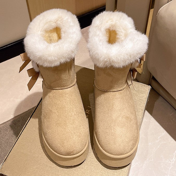Fiorelle Women's Bow-Knit Cozy Winter Boots - Shearling Lined Chunky Platform Snow Boots (US 5-9.5)