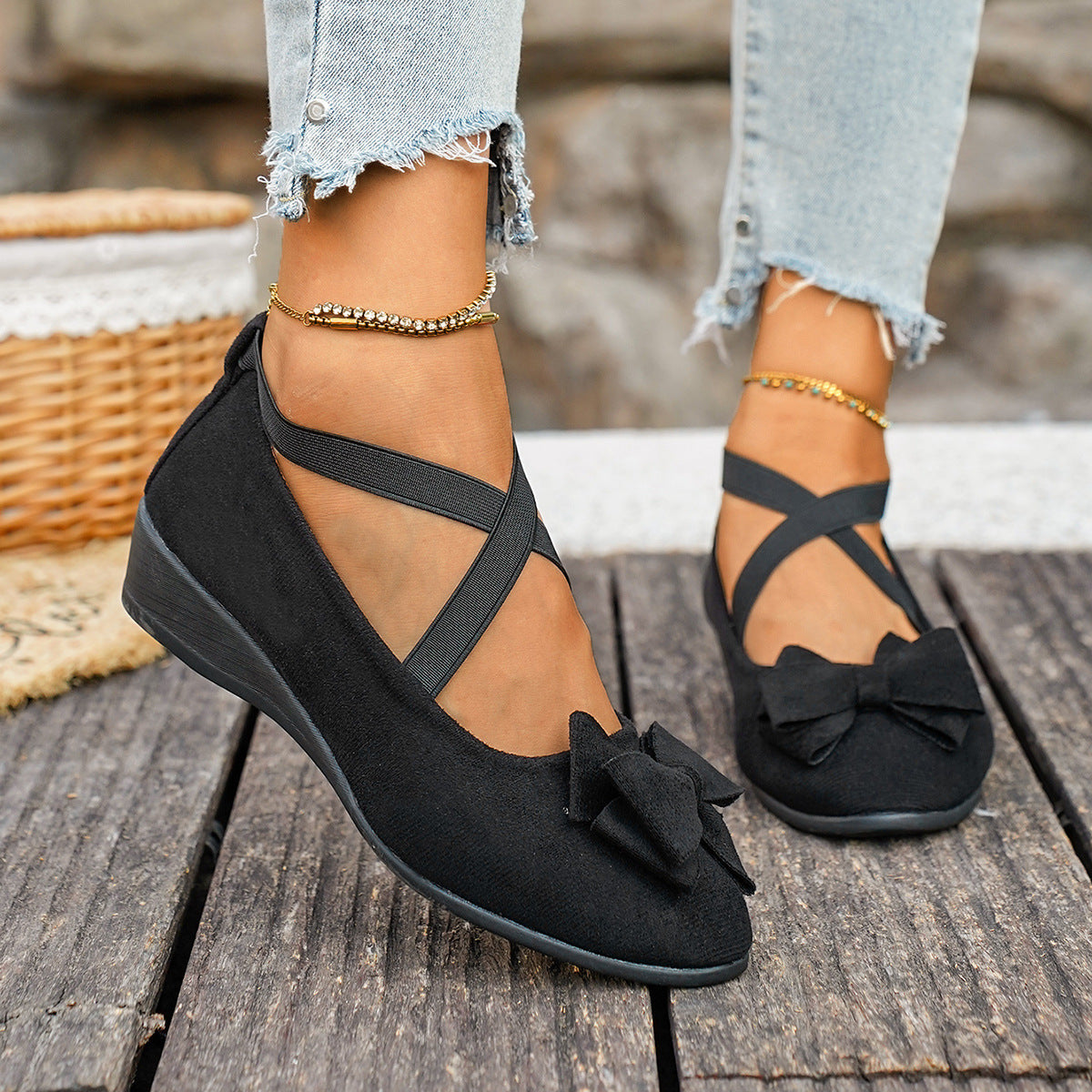 Fiorelle Women’s Elara Bow Suede Wedge Loafers – Elastic Cross-Strap Comfort Slip-Ons (US 5–10.5)
