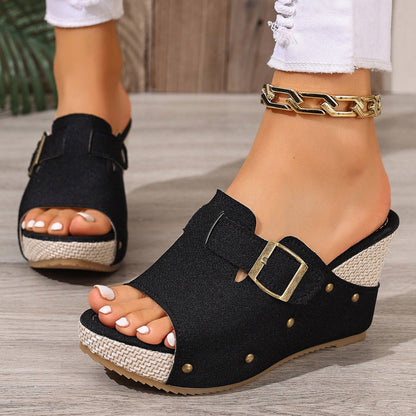 Fiorelle Women’s Sable Rivet Velcro Platform Wedge Sandals – Chunky Studded Slides with Adjustable Strap (US 4–10.5)