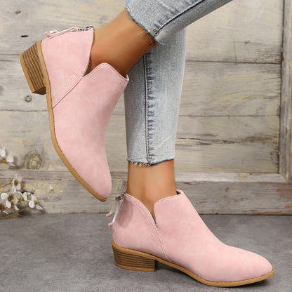Fiorelle Plus Size Women's British-Inspired Solid-Color Pointed Toe Casual Fashion Boots with Rear Zipper & Low Chunky Hee