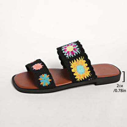 Fiorelle Women’s SunBloom Knit Flat Slides – Square-Toe Boho Embroidered Sandals (US 5–10)