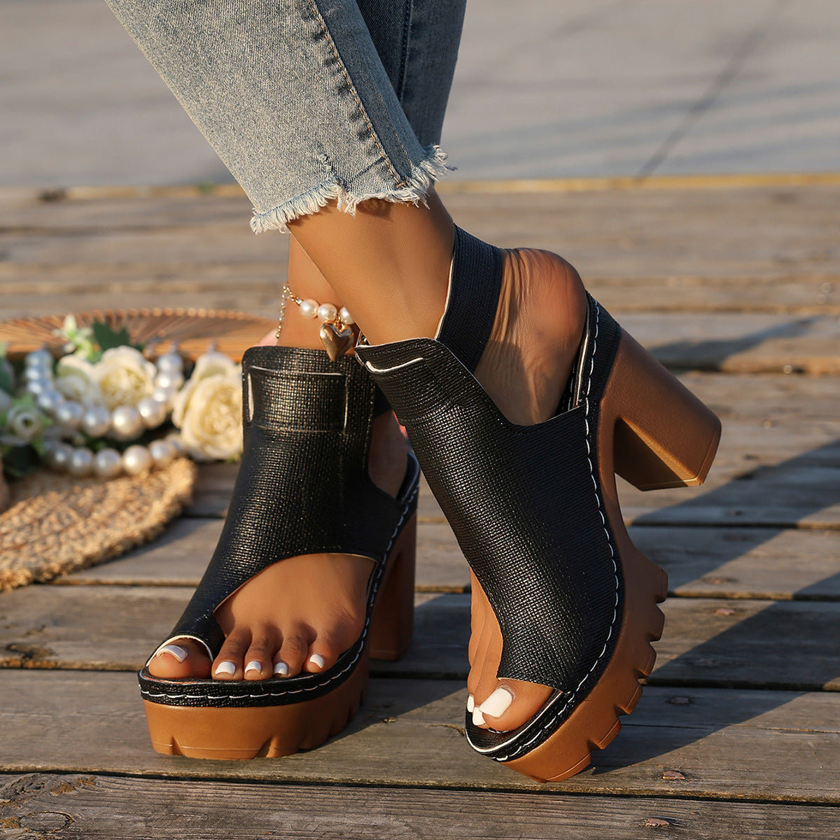 Fiorelle Women's Capri Peep-Toe Toe Ring Platform Chunky Sandals – Buckle Strap Ultra-High Heel Beach Slides (US 5–10.5)
