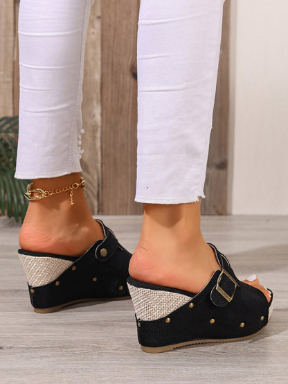 Fiorelle Women’s Sable Rivet Velcro Platform Wedge Sandals – Chunky Studded Slides with Adjustable Strap (US 4–10.5)