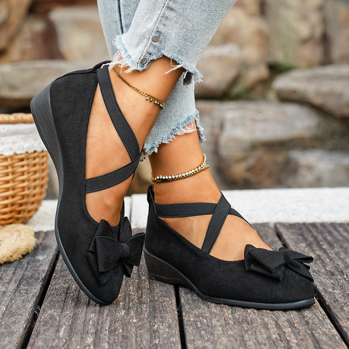 Fiorelle Women’s Elara Bow Suede Wedge Loafers – Elastic Cross-Strap Comfort Slip-Ons (US 5–10.5)