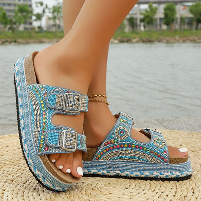 Fiorelle Women’s Calyra Rhinestone Platform Slide Sandals – Boho Metallic Buckle Rope Detail Resort Slides (US 5–10.5)