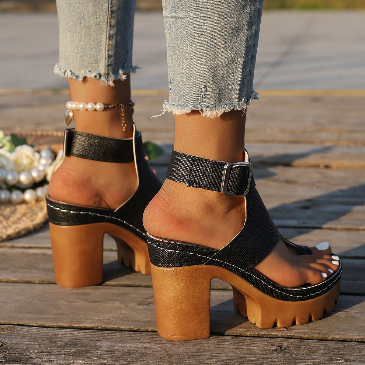 Fiorelle Women's Capri Peep-Toe Toe Ring Platform Chunky Sandals – Buckle Strap Ultra-High Heel Beach Slides (US 5–10.5)