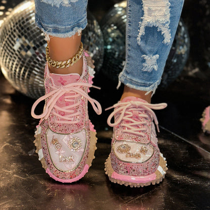 Fiorelle Women’s Lumira Embroidered Letter Mesh Platform Sneakers – Rhinestone Detail Chunky Sole Light Luxury Fashion Sneakers (US 4–10.5)