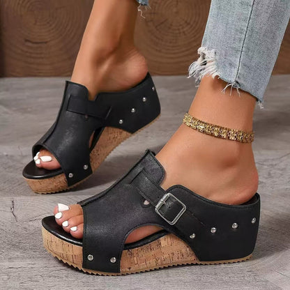Fiorelle Women’s RetroBay Buckle Peep-Toe Wedge Sandals – Rivet-Detail Platform Beach Shoes (US 5–10.5)