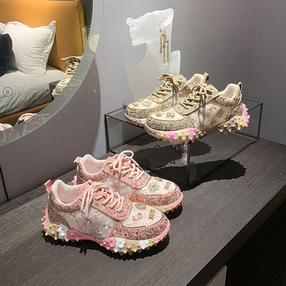 Fiorelle Women’s Lumira Embroidered Letter Mesh Platform Sneakers – Rhinestone Detail Chunky Sole Light Luxury Fashion Sneakers (US 4–10.5)