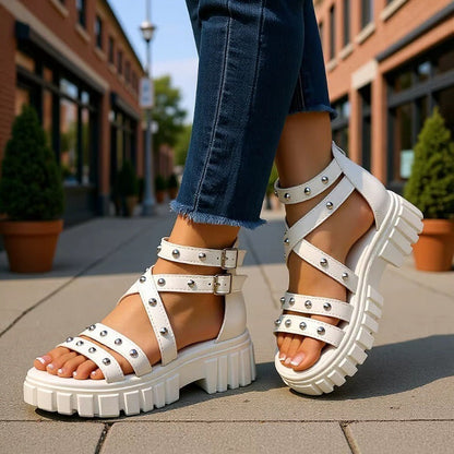 Fiorelle Women’s Rivara Studded Platform Wedge Sandals – Adjustable Ankle Strap Casual Summer Shoes (US 4–10.5)