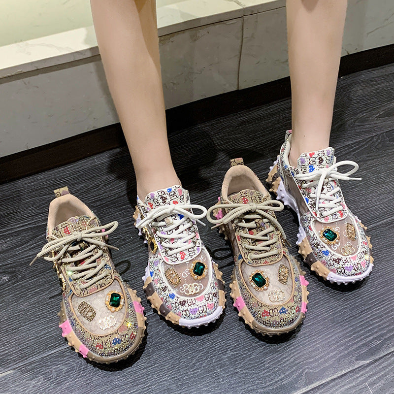 Fiorelle Women’s Lumira Embroidered Letter Mesh Platform Sneakers – Rhinestone Detail Chunky Sole Light Luxury Fashion Sneakers (US 4–10.5)