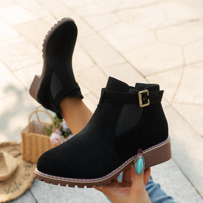 Fiorelle Women's Plus Size Suede Platform Martin Ankle Boots with Belt Buckle Details