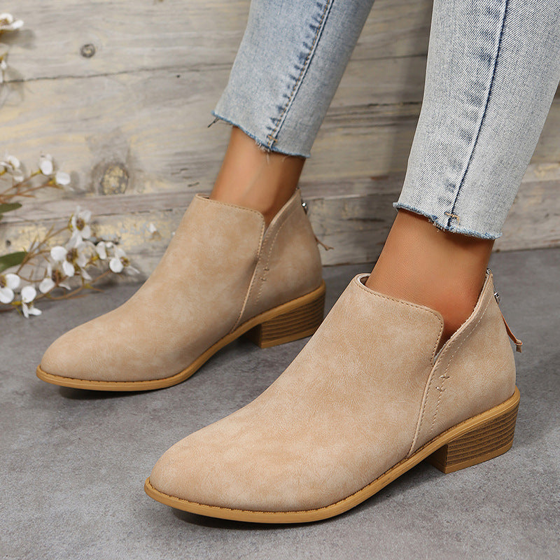 Fiorelle Plus Size Women's British-Inspired Solid-Color Pointed Toe Casual Fashion Boots with Rear Zipper & Low Chunky Hee