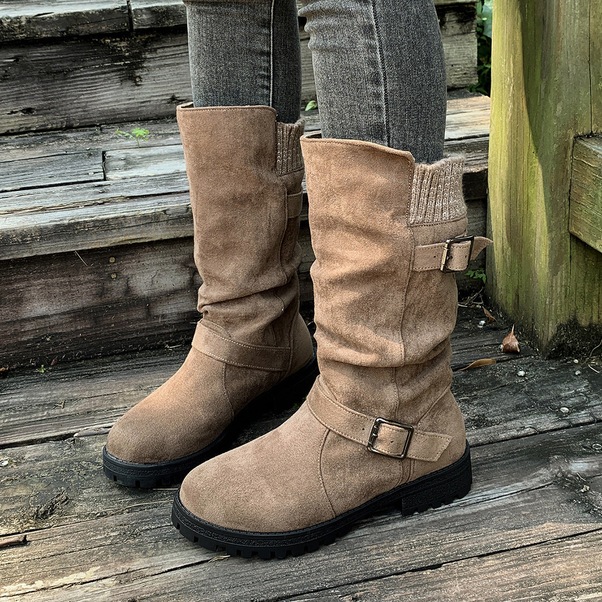 Fiorelle Women’s RanchWrap Buckle Mid-Calf Suede Boots – Knit Cuff Western-Style Slouchy Shoes (US 5–10.5)