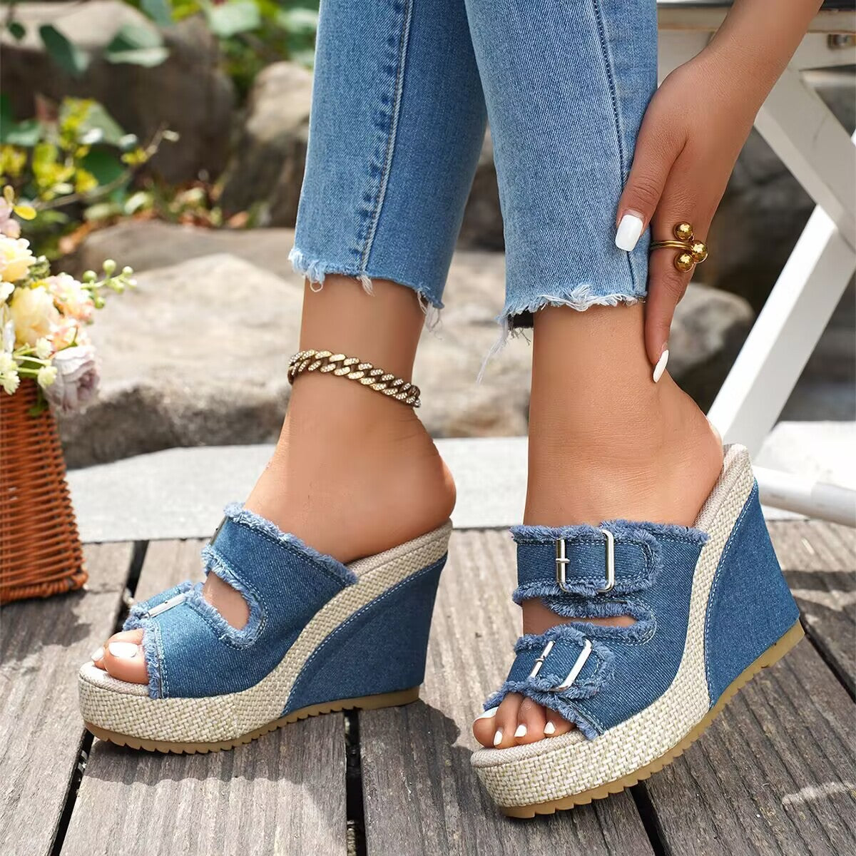 Fiorelle Women’s Denira Denim Peep-Toe Wedge Slide Sandals – Buckle Strap Platform Chic Summer Slides (US 5–10.5)
