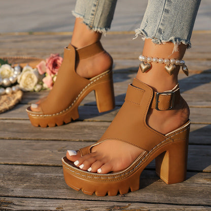 Fiorelle Women's Capri Peep-Toe Toe Ring Platform Chunky Sandals – Buckle Strap Ultra-High Heel Beach Slides (US 5–10.5)