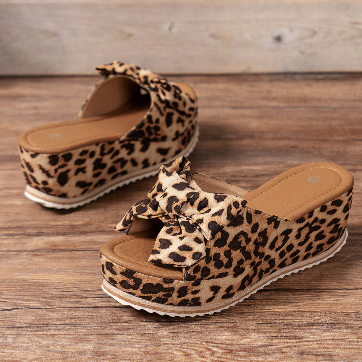 Fiorelle Women’s Sorelle Leopard Print Bow Platform Wedge Slides – Stable Chunky Heel Casual Summer Sandals (US 5–10)