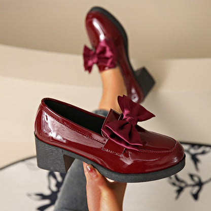 Fiorelle Women's Plus Size Bowknot Leather Shoes with Chunky Heel Platform