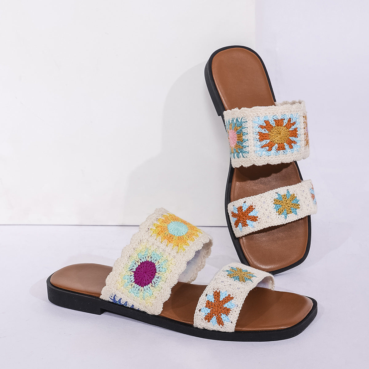 Fiorelle Women’s SunBloom Knit Flat Slides – Square-Toe Boho Embroidered Sandals (US 5–10)