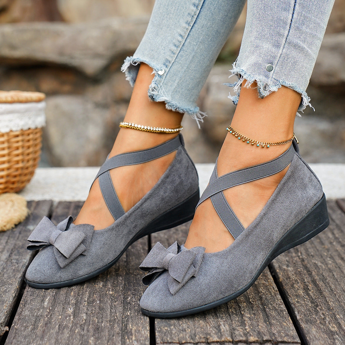 Fiorelle Women’s Elara Bow Suede Wedge Loafers – Elastic Cross-Strap Comfort Slip-Ons (US 5–10.5)