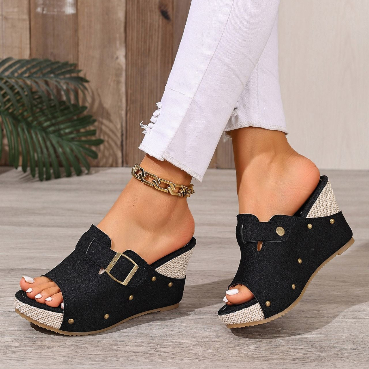 Fiorelle Women’s Sable Rivet Velcro Platform Wedge Sandals – Chunky Studded Slides with Adjustable Strap (US 4–10.5)