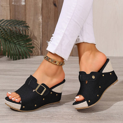 Fiorelle Women’s Sable Rivet Velcro Platform Wedge Sandals – Chunky Studded Slides with Adjustable Strap (US 4–10.5)