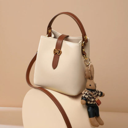 Fiorelle Women’s Bunny Charm Bucket Satchel — Cowhide Leather Convertible with Sculptural Clasp & Signature Whimsy