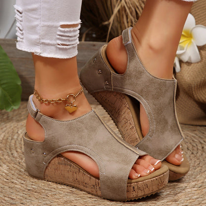 Fiorelle Women's Boho Roman Gladiator Sandals - Peep Toe Platform Wedge with Hook-and-Loop Closure, Retro Strappy Design