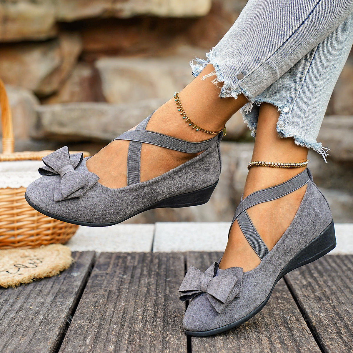 Fiorelle Women’s Elara Bow Suede Wedge Loafers – Elastic Cross-Strap Comfort Slip-Ons (US 5–10.5)