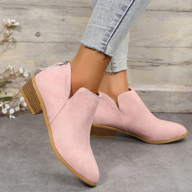 Fiorelle Plus Size Women's British-Inspired Solid-Color Pointed Toe Casual Fashion Boots with Rear Zipper & Low Chunky Hee