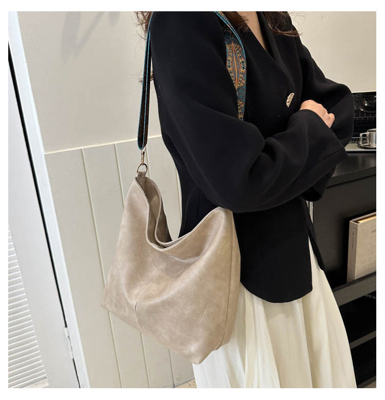 Fiorelle Women's Convertible Crossbody Bucket — Monochrome PU Carryall with Artisan-Embroidered Strap