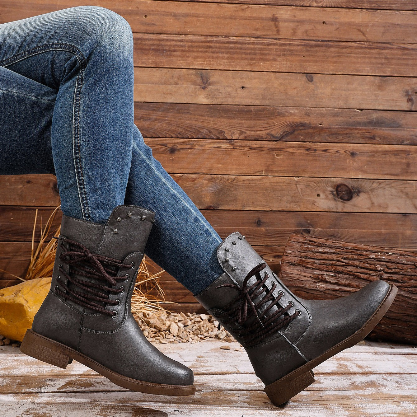 Fiorelle Women's Rivet Roma Boots - Side Lace Chunky Heel Mid Calf Boots (US 4-10.5)