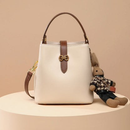 Fiorelle Women’s Bunny Charm Bucket Satchel — Cowhide Leather Convertible with Sculptural Clasp & Signature Whimsy