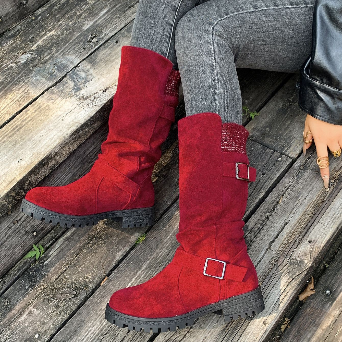 Fiorelle Women’s RanchWrap Buckle Mid-Calf Suede Boots – Knit Cuff Western-Style Slouchy Shoes (US 5–10.5)