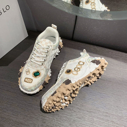 Fiorelle Women’s Lumira Embroidered Letter Mesh Platform Sneakers – Rhinestone Detail Chunky Sole Light Luxury Fashion Sneakers (US 4–10.5)