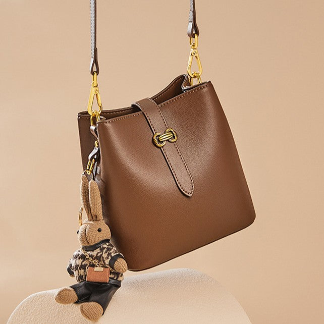 Fiorelle Women’s Bunny Charm Bucket Satchel — Cowhide Leather Convertible with Sculptural Clasp & Signature Whimsy