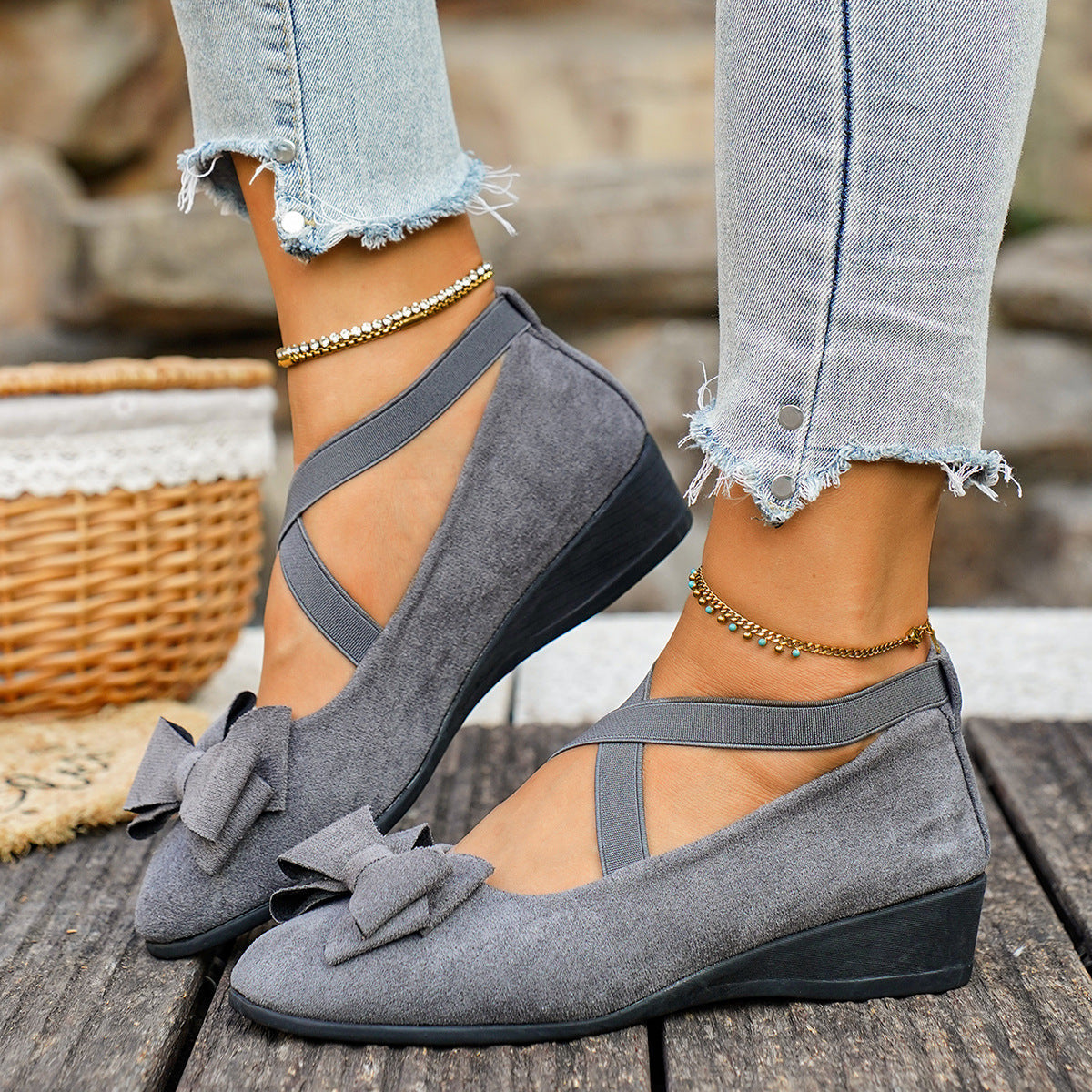 Fiorelle Women’s Elara Bow Suede Wedge Loafers – Elastic Cross-Strap Comfort Slip-Ons (US 5–10.5)