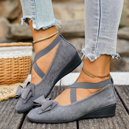 Fiorelle Women’s Elara Bow Suede Wedge Loafers – Elastic Cross-Strap Comfort Slip-Ons (US 5–10.5)
