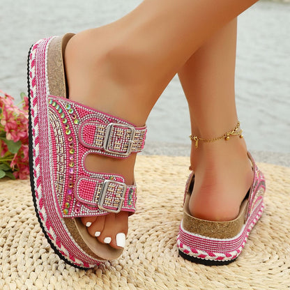 Fiorelle Women’s Calyra Rhinestone Platform Slide Sandals – Boho Metallic Buckle Rope Detail Resort Slides (US 5–10.5)