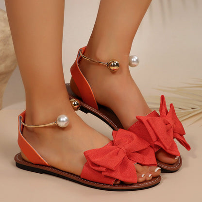 Fiorelle Women’s Serelle Pearl Bow Flat Slides – Minimalist Ankle Strap Casual Sandals (US 5–10.5)